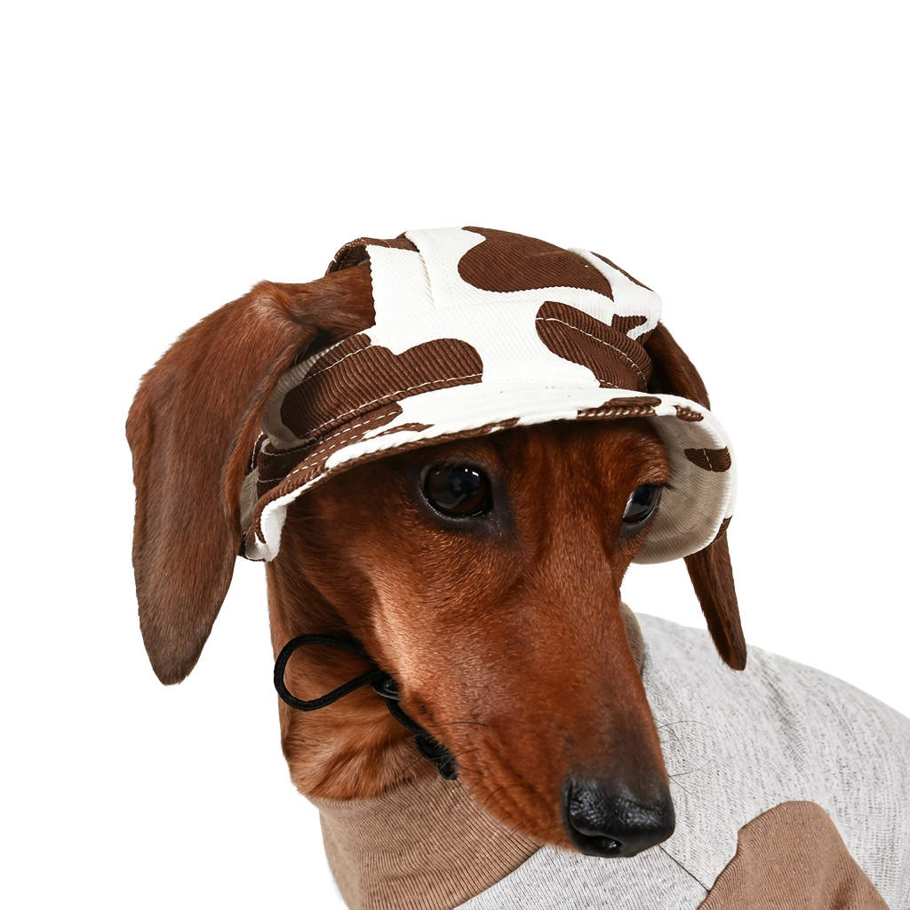 Dachshund wearing DACHS cap and sweater